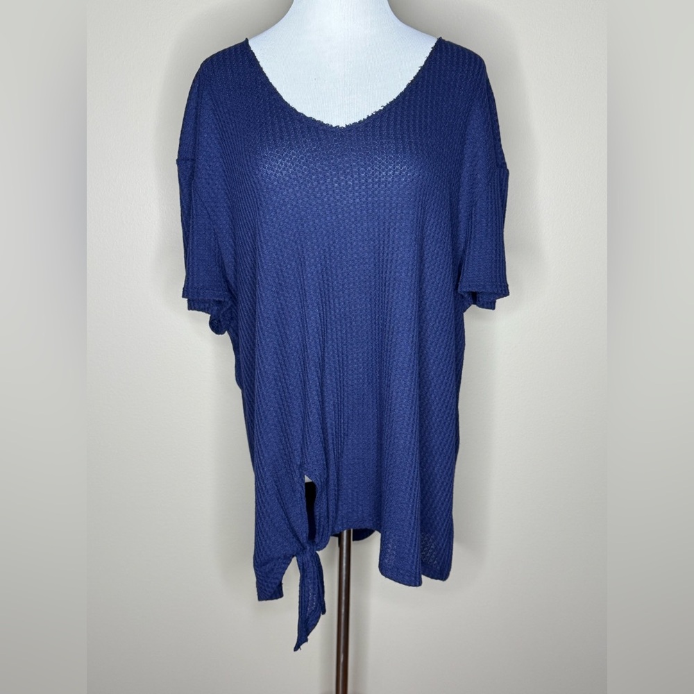 Meri Skye womens short sleeve waffle v-neck navy blue top/shirt tie waist sz 2X.